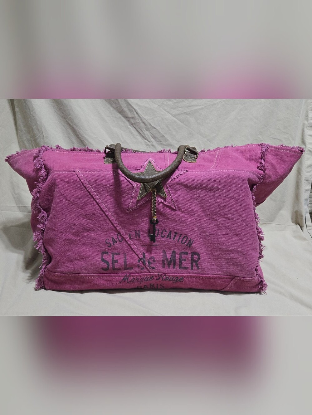 Myra Bag Popping Pink Weekender Handbag Denim Leather Key LIKE NEW 20in Bag